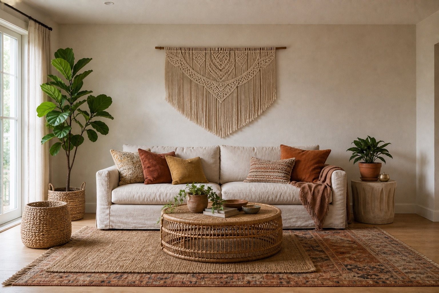 The same room in boho — rattan, terracotta pots, macrame wall hanging