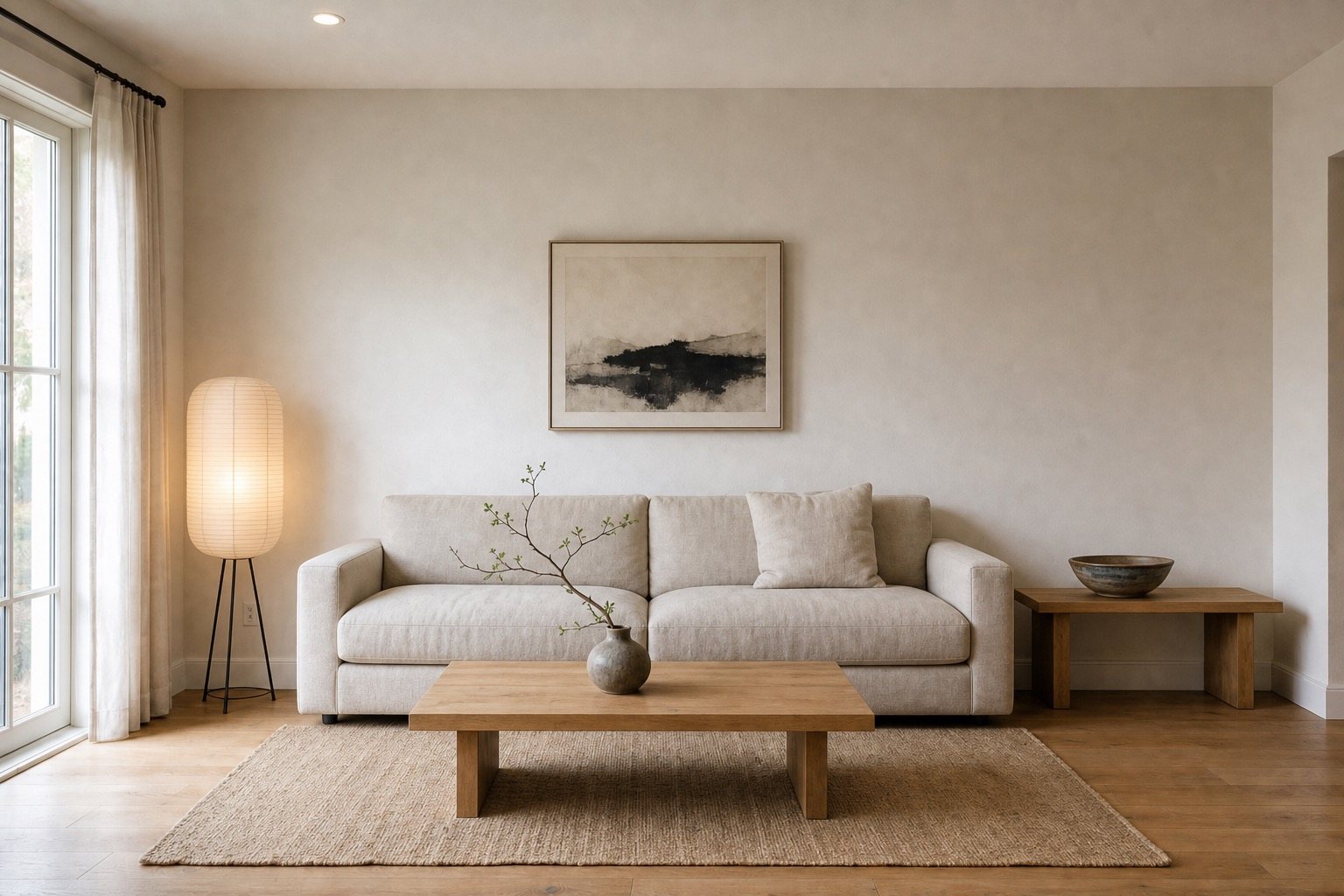 The same room in Japandi — low oak table, linen sofa, ink ceramics