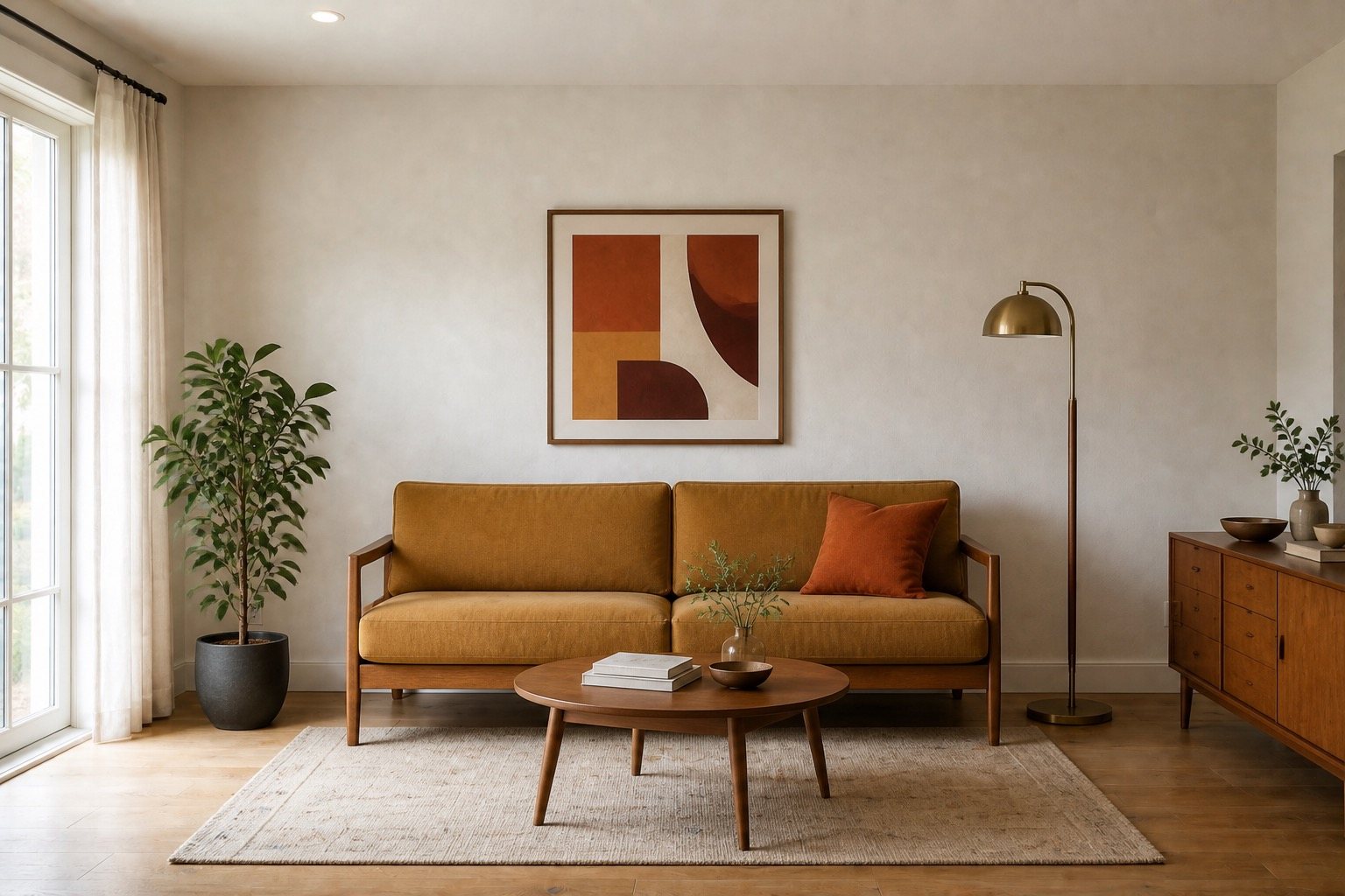 The same room in mid-century — ochre sofa, walnut, brass floor lamp