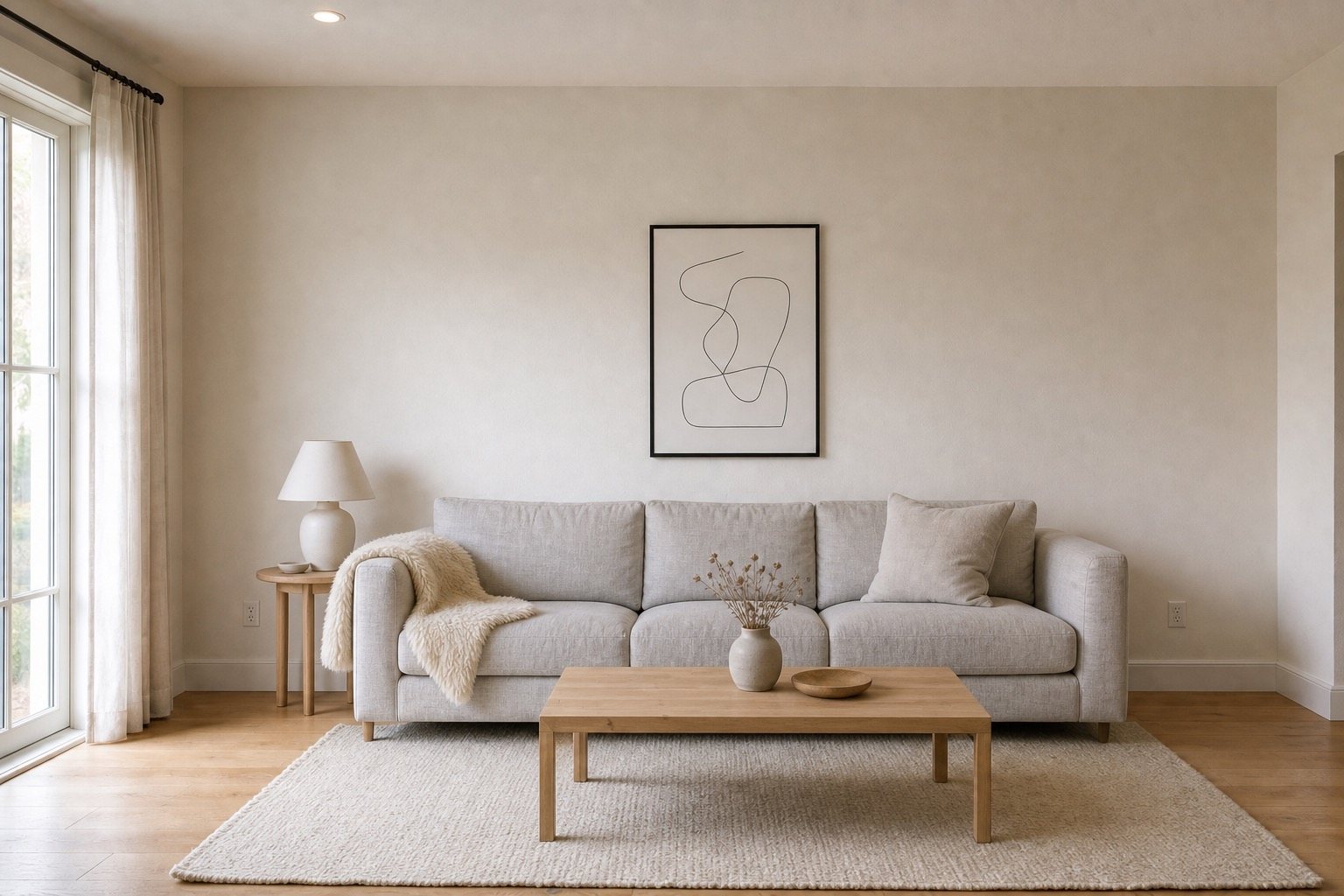 The same room in Scandi — pale linen sofa, blond oak, soft light