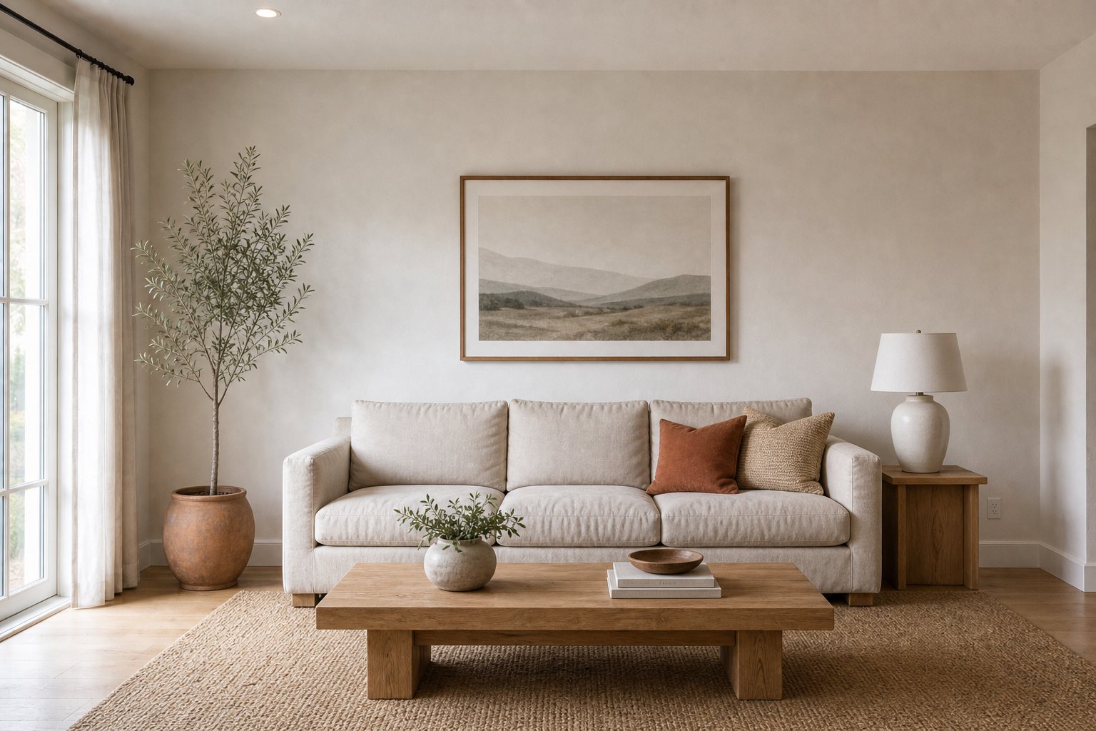 The same room in warm modern — cream sofa, oak table, olive tree